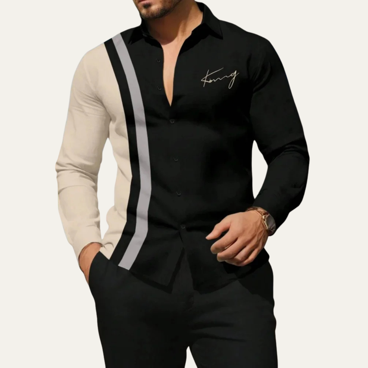 Kai | Men's Color Block Striped Button Up Shirt Gray Black