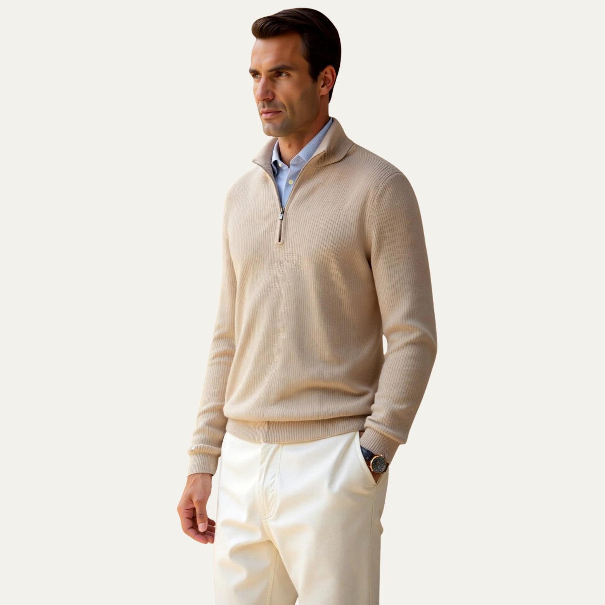 Bram | Men's Quarter Zip Sweater Cream Collared Long Sleeve