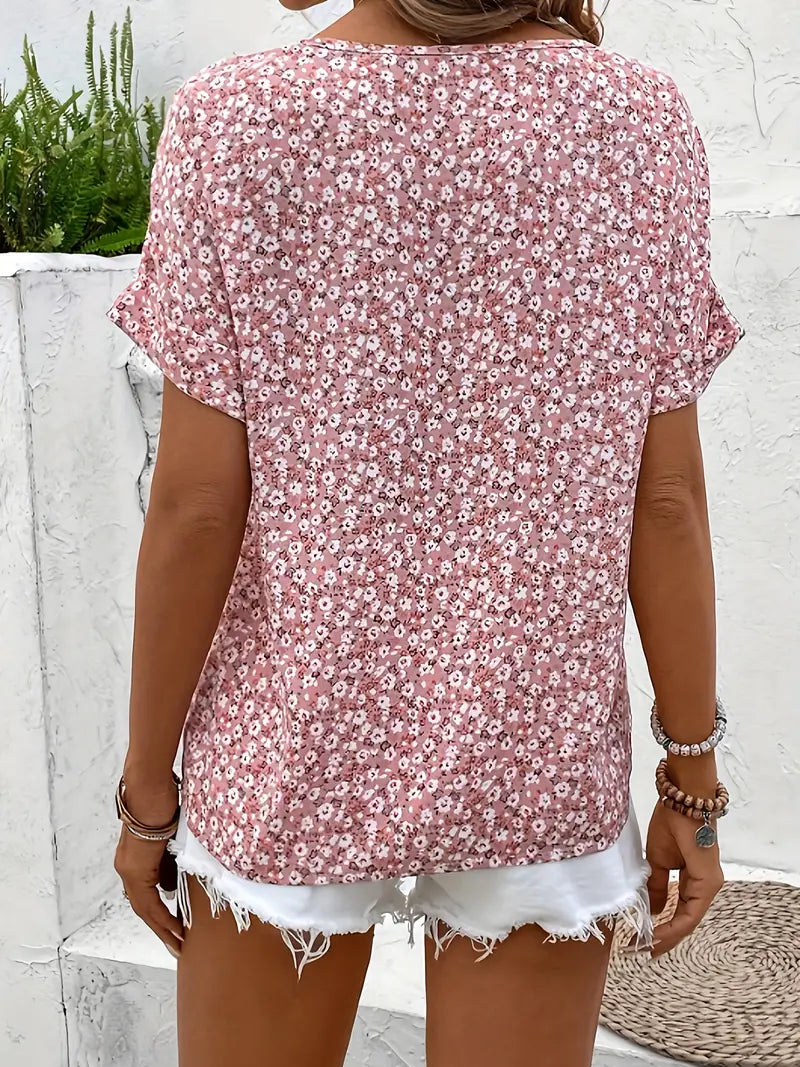 Wren | Women's Floral Button Up Blouse Short Sleeve Pink