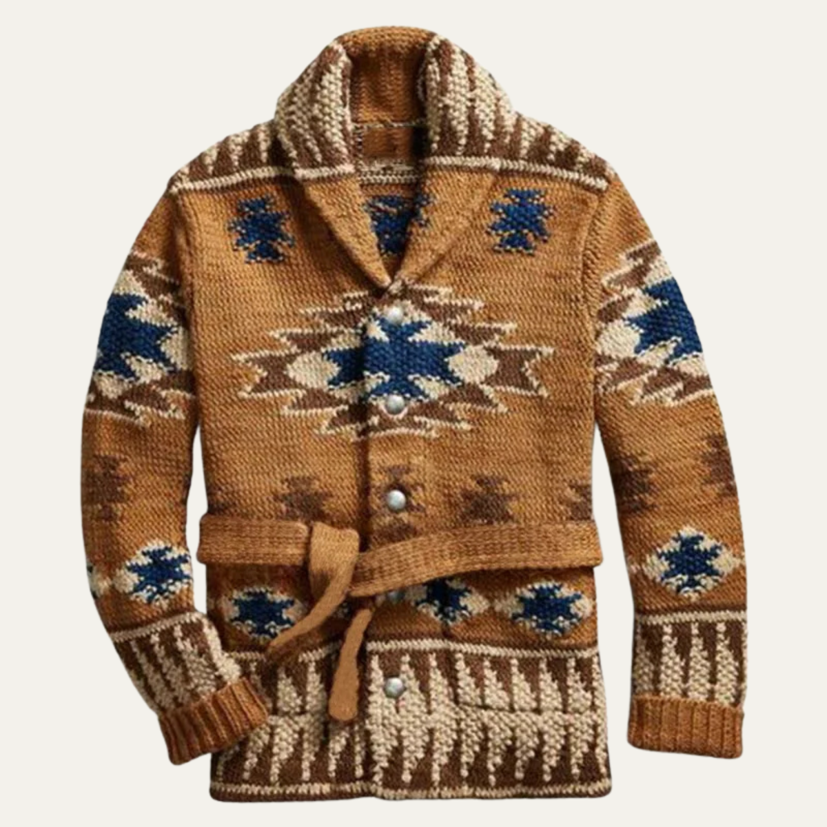 Bram | Men's Cardigan Sweater Brown Navy Jacquard Shawl Collar