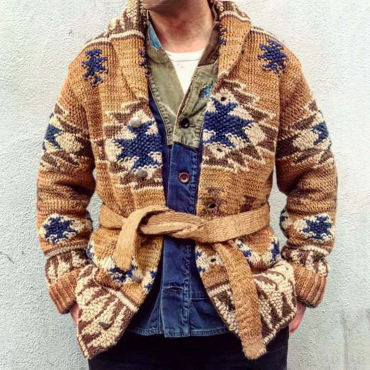 Bram | Men's Cardigan Sweater Brown Navy Jacquard Shawl Collar