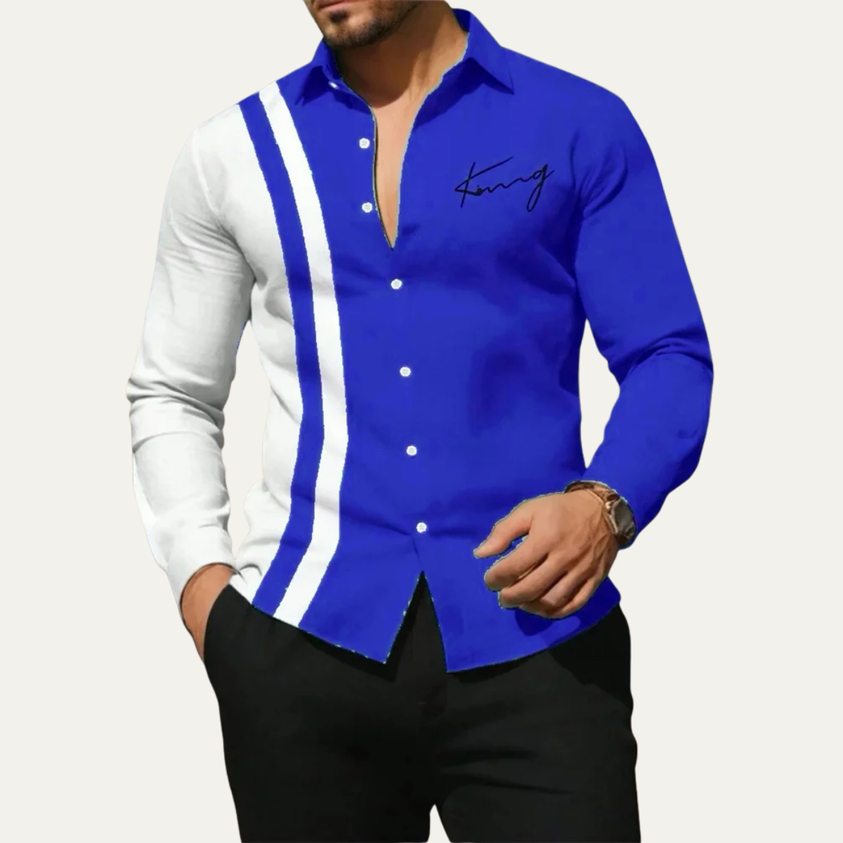 Axel | Men's Casual Color Block Striped Button Up Shirt Blue White
