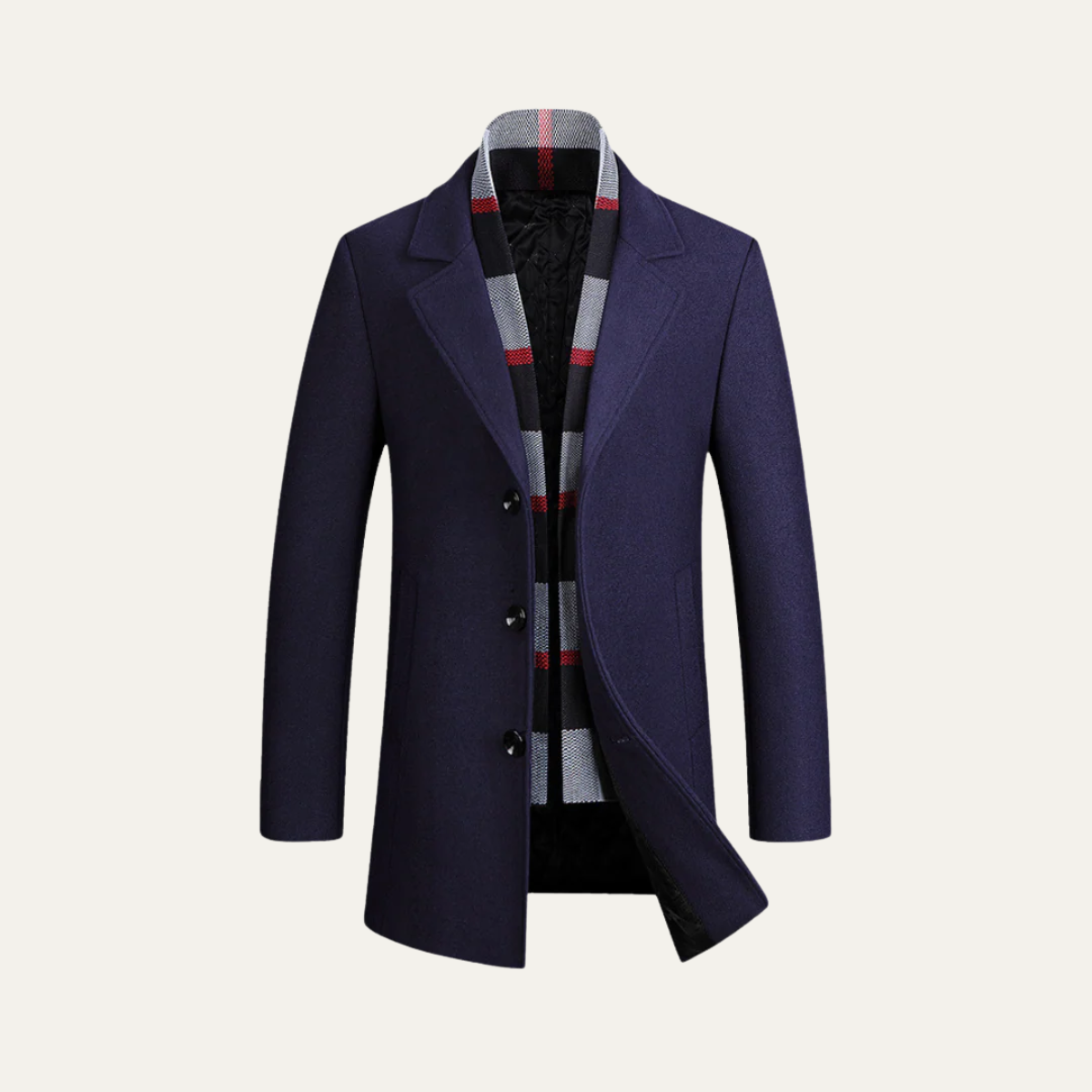 Callum | Men's Wool Overcoat Black With Striped Scarf Collar
