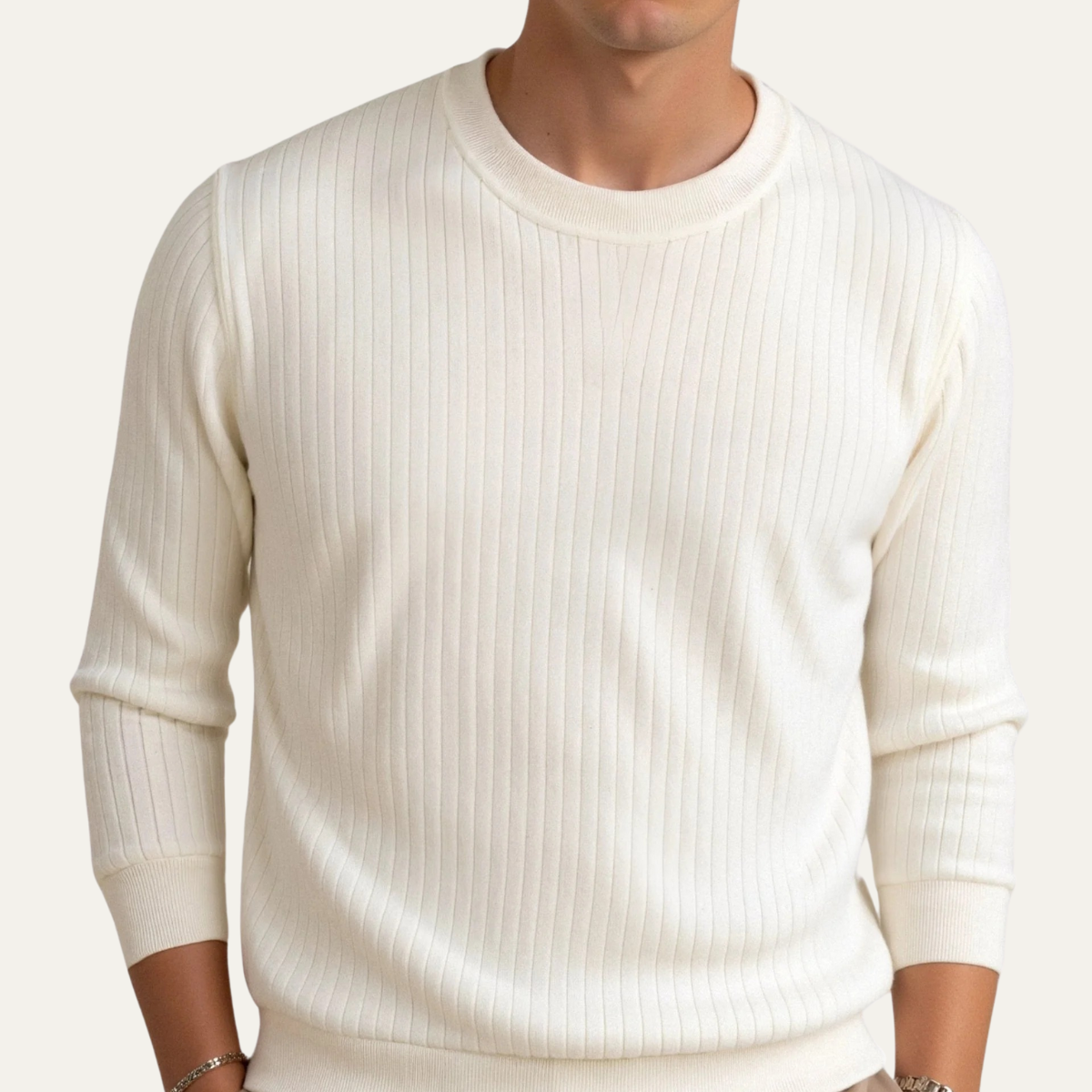 Ash | Men's Ribbed Crew Neck Sweater Cream Long Sleeve