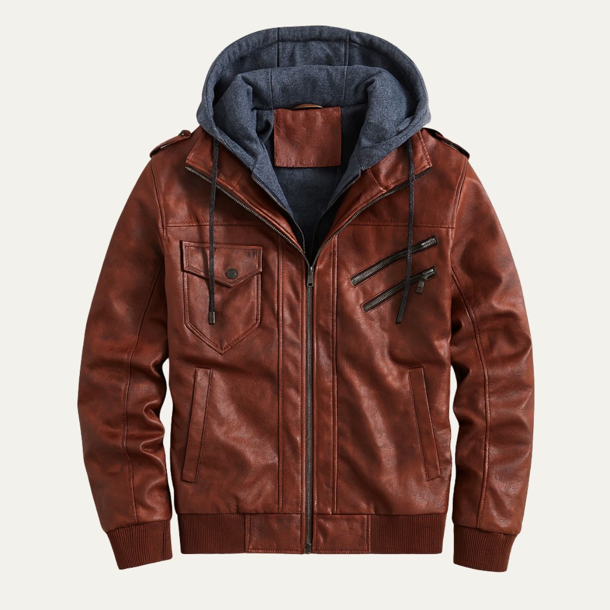 Axel | Men's Leather Bomber Jacket Brown Hooded Zip Up