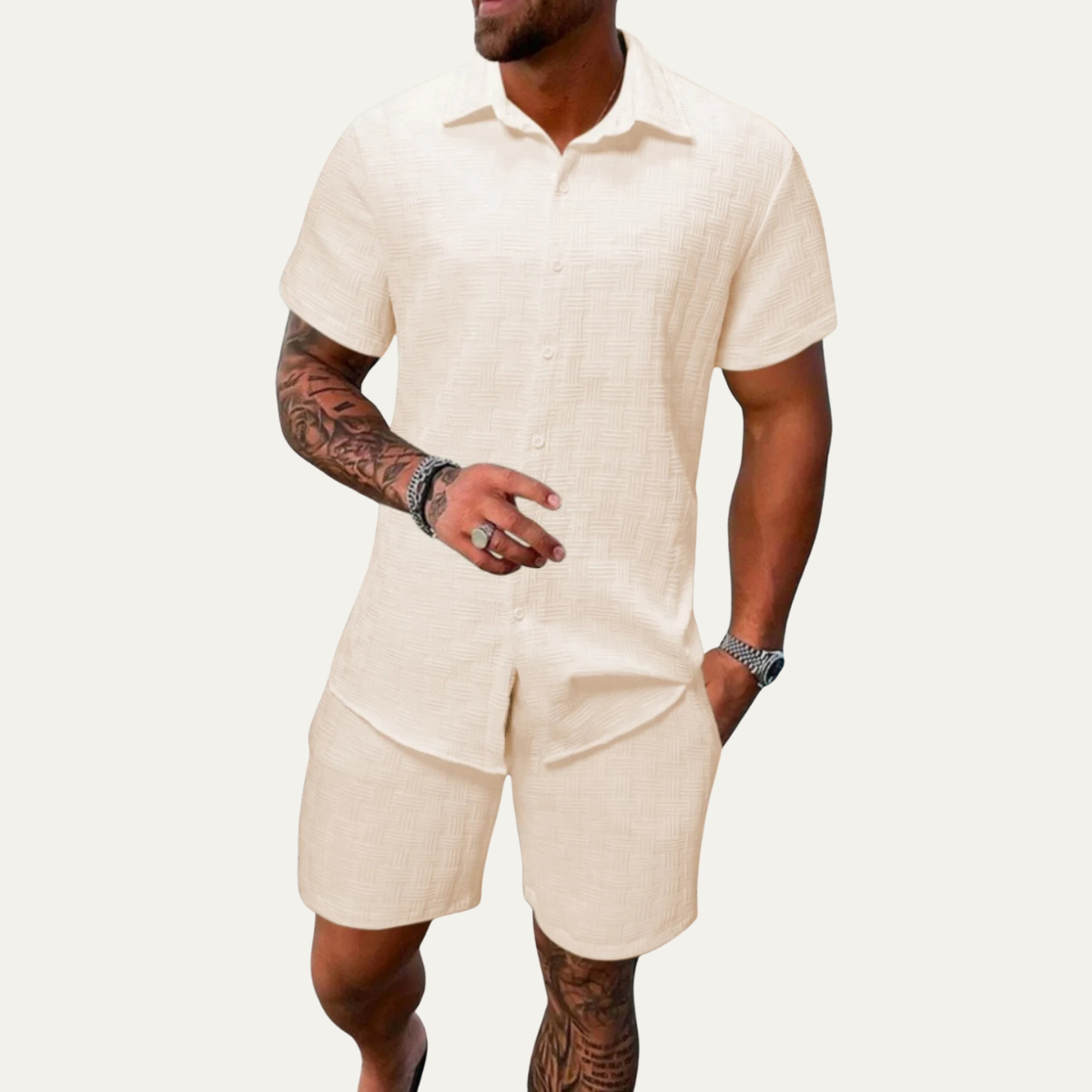Kai | Men's Linen Shorts Set Cream Button Up Short Sleeve