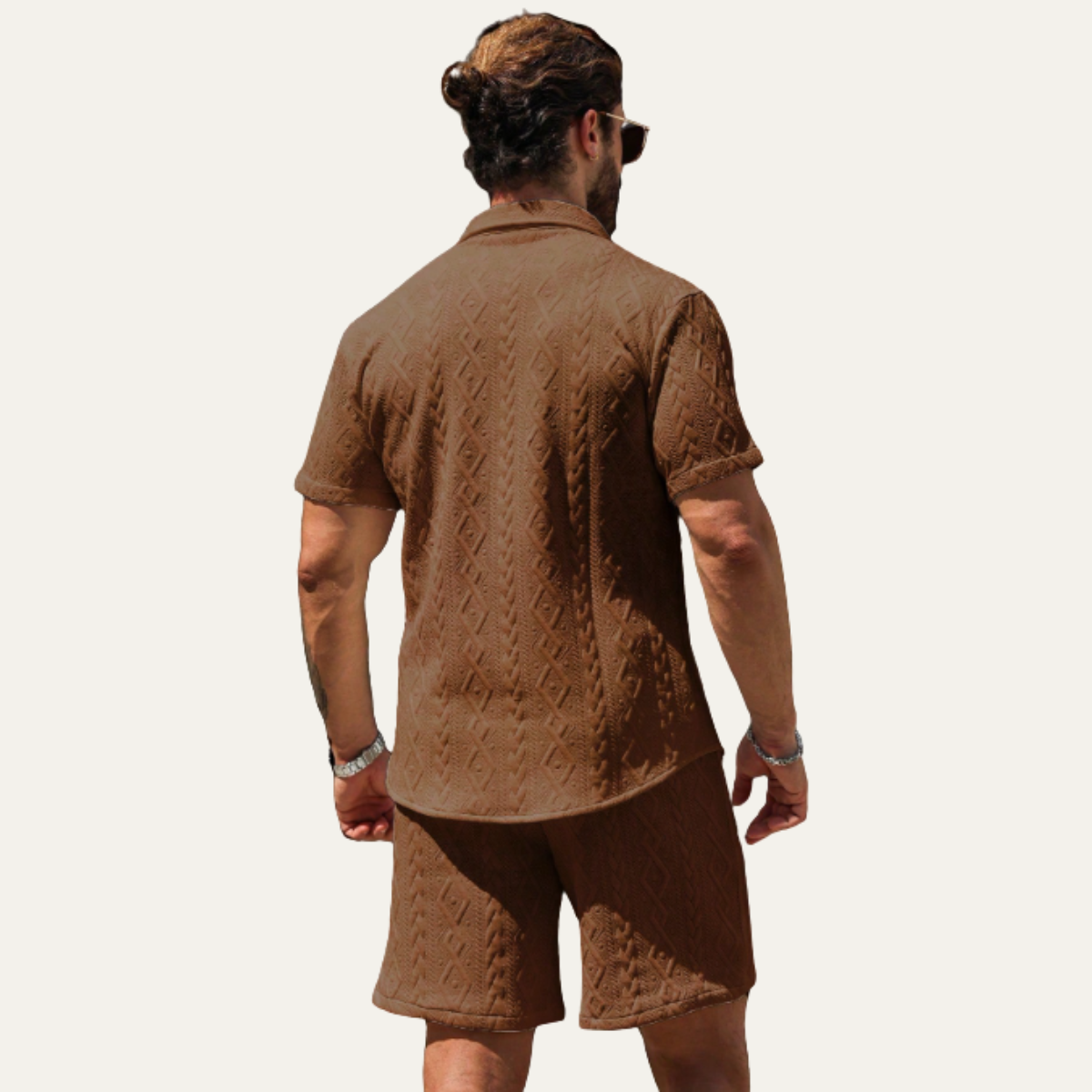 Ives | Men's Cable Knit Button Up Shirt Brown Short Sleeve