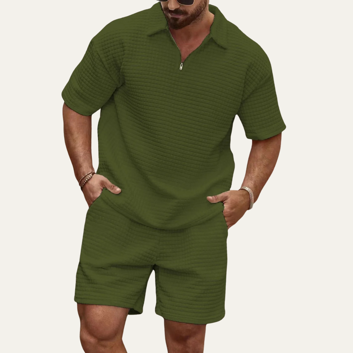 Blake | Men's Sweatsuit Waffle Knit Cream Polo Shorts Set