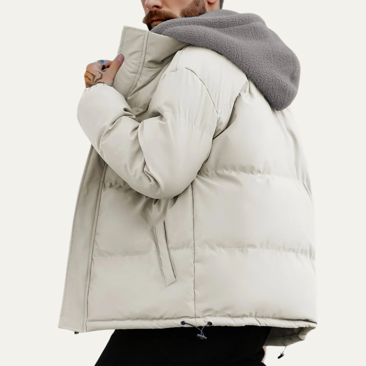 Axel | Men's Puffer Jacket Cream Sherpa Fleece Lined Hood