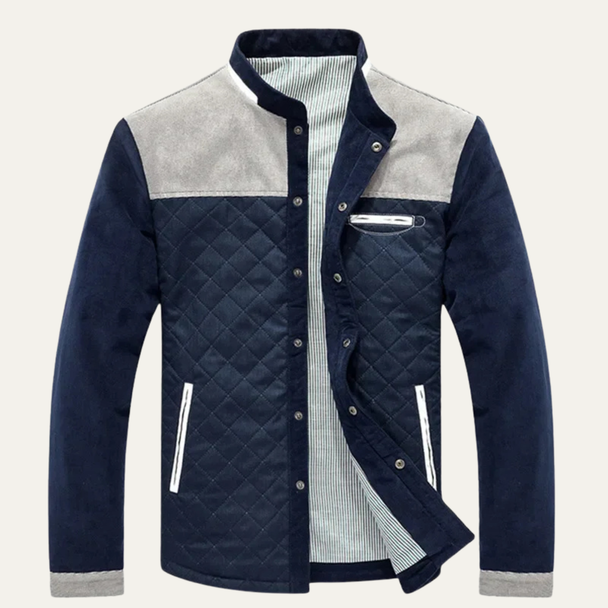 Beau | Men's Quilted Bomber Jacket Navy Brown Colorblock