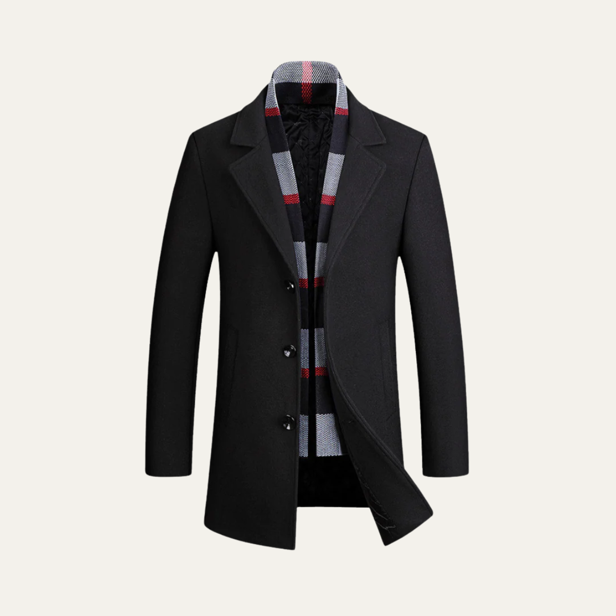 Callum | Men's Wool Overcoat Black With Striped Scarf Collar