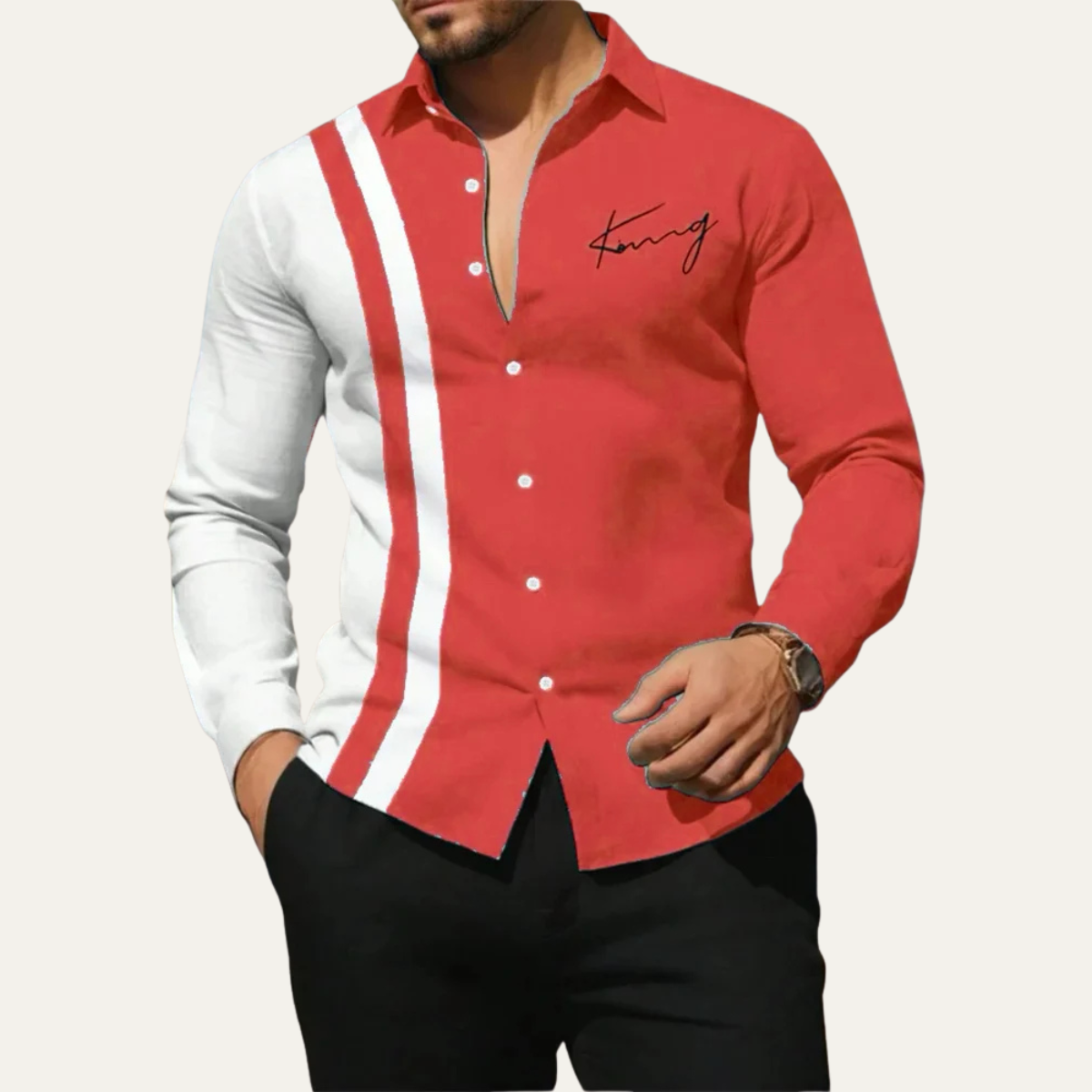 Beau | Men's Casual Color Block Striped Button Up Shirt Green White