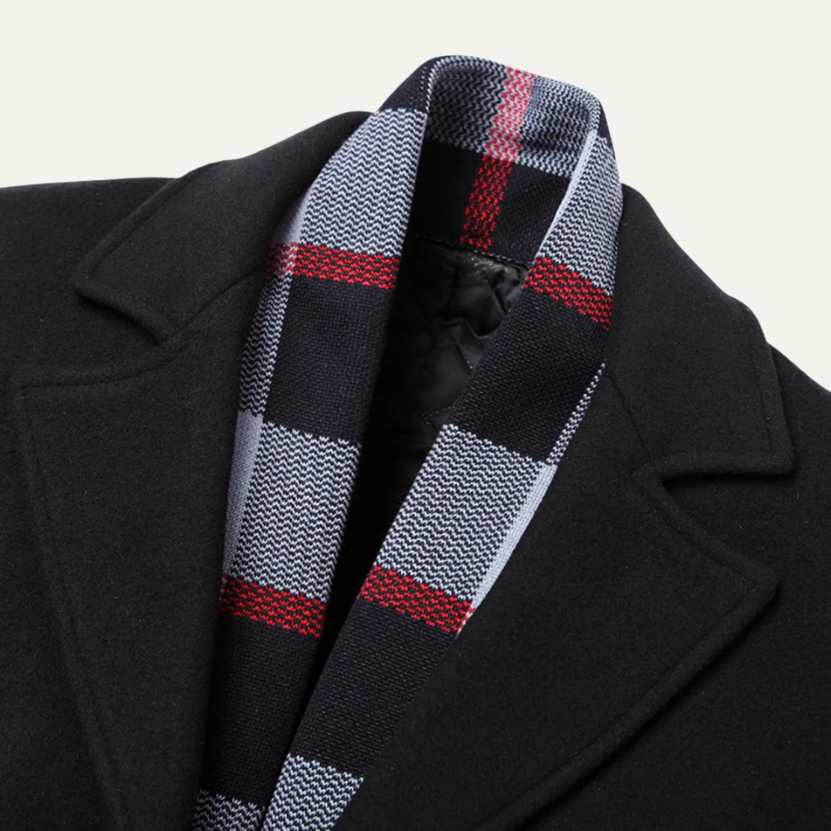 Callum | Men's Wool Overcoat Black With Striped Scarf Collar