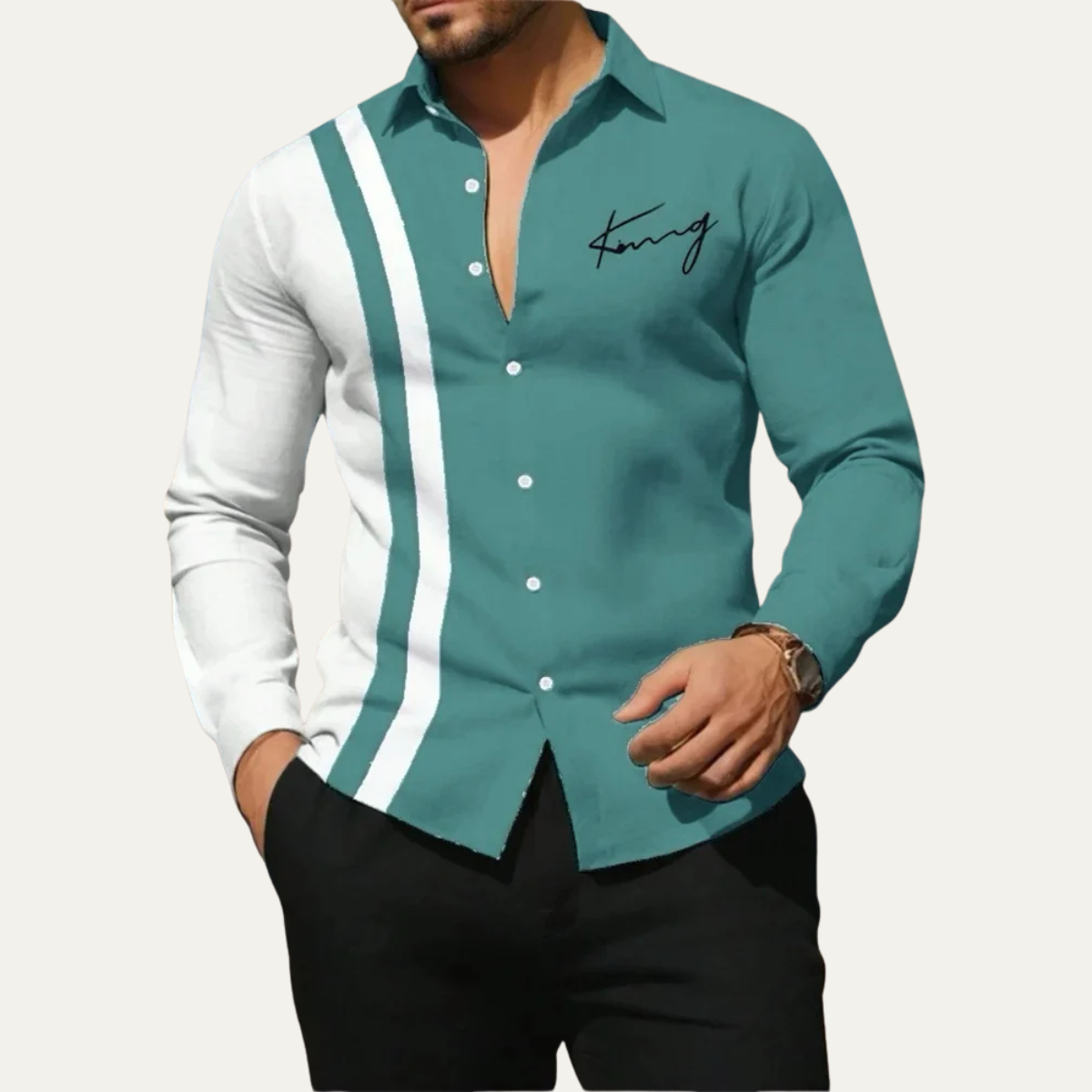 Beau | Men's Casual Color Block Striped Button Up Shirt Green White