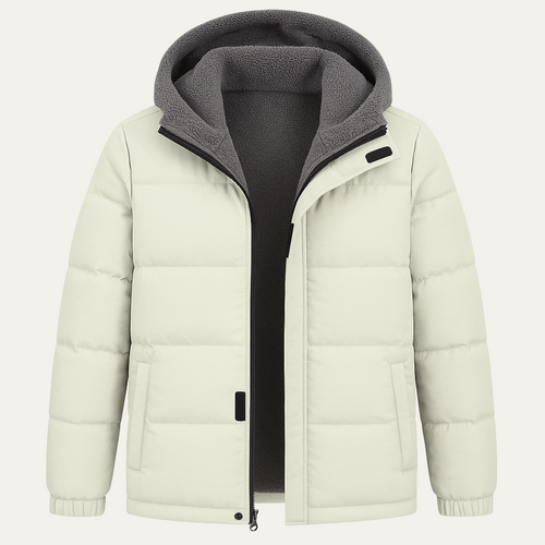 Dama Washington Axel men's puffer jacket cream sherpa fleece lined hood - front view