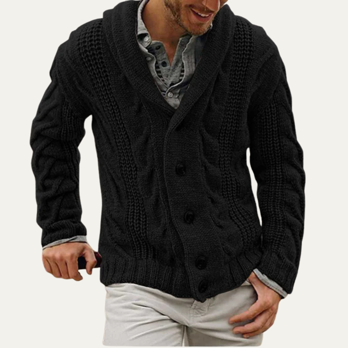 Beau | Men's Cable Knit Cardigan Gray Button Up
