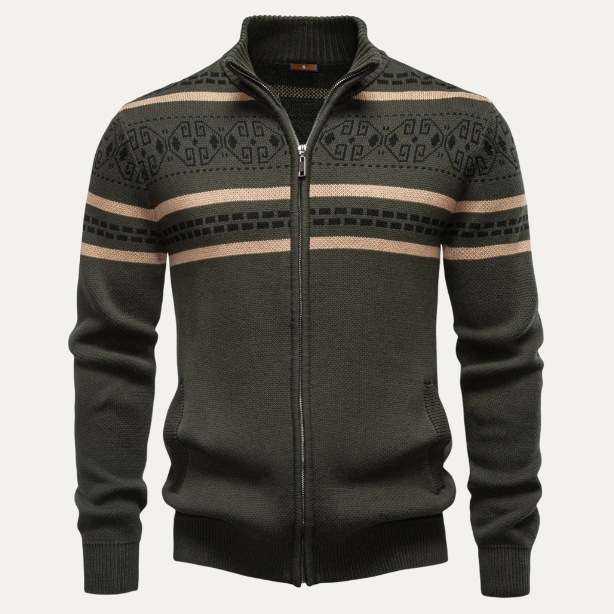 Bram | Men's Zip Up Cardigan Navy Cream Geometric Pattern