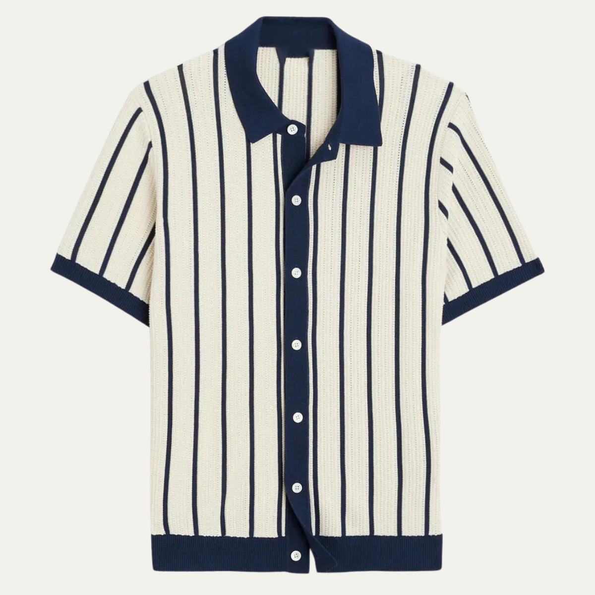 Beau | Men's Striped Knit Cardigan Cream Navy Short Sleeve Button Up
