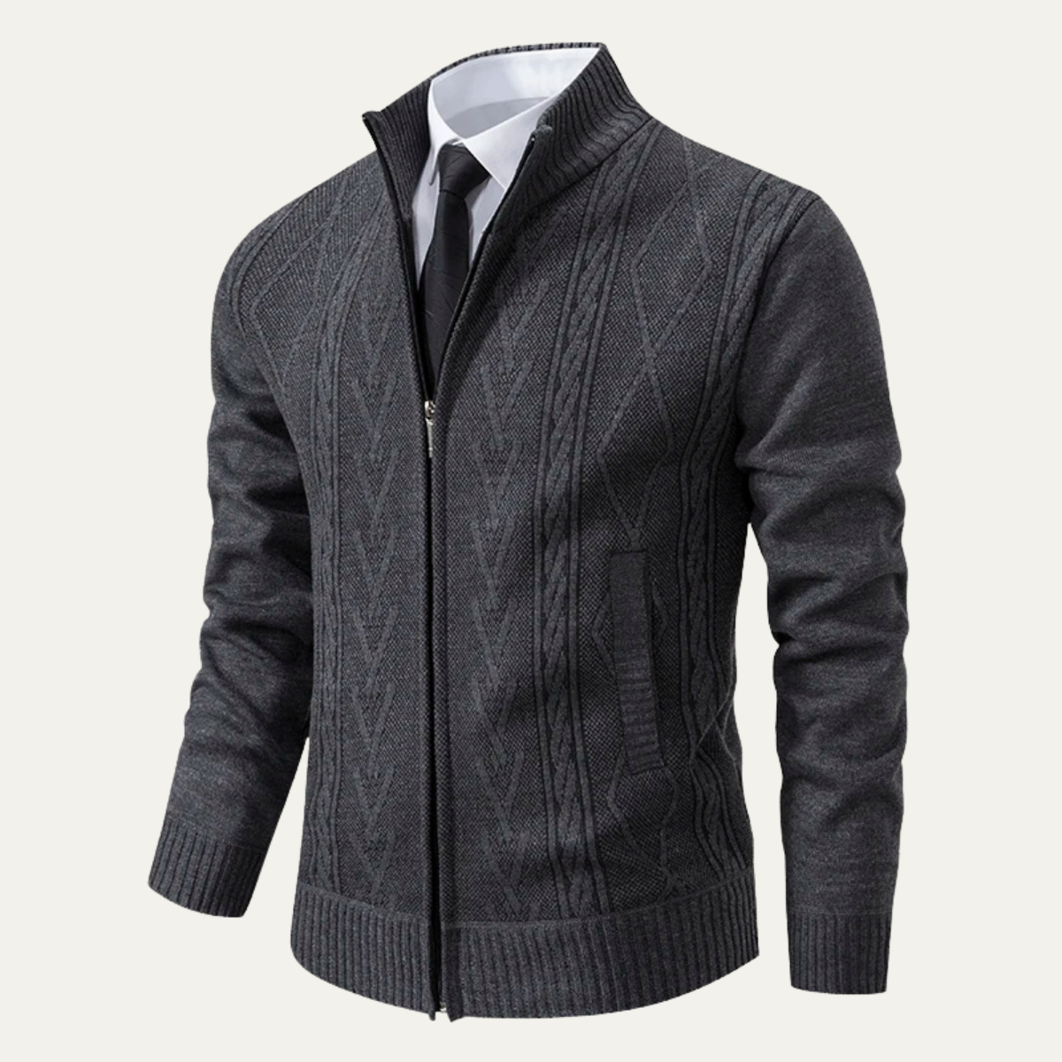 Ezra | Men's Cable Knit Zip Up Cardigan Charcoal Gray