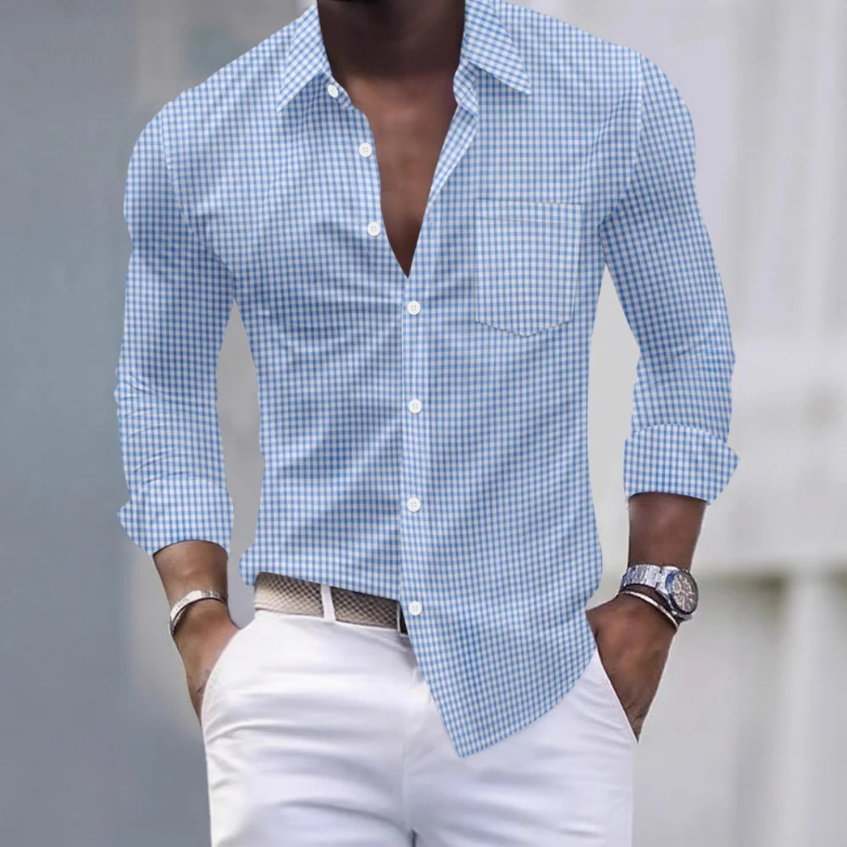 Axel | Men's Slim Fit Gingham Button Up Shirt Light Blue