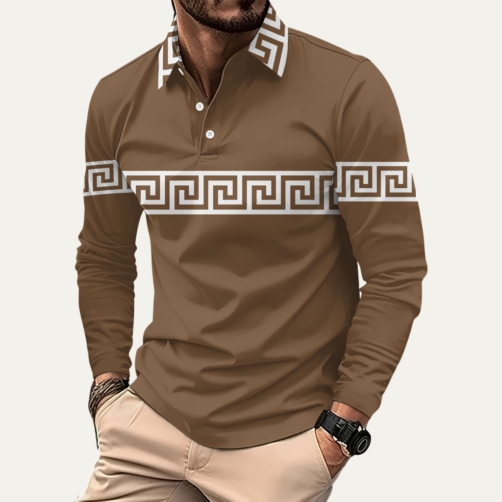 Dama Washington Beau men's casual polo shirt brown greek key print - front view