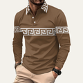 Dama Washington Beau men's casual polo shirt brown greek key print - front view