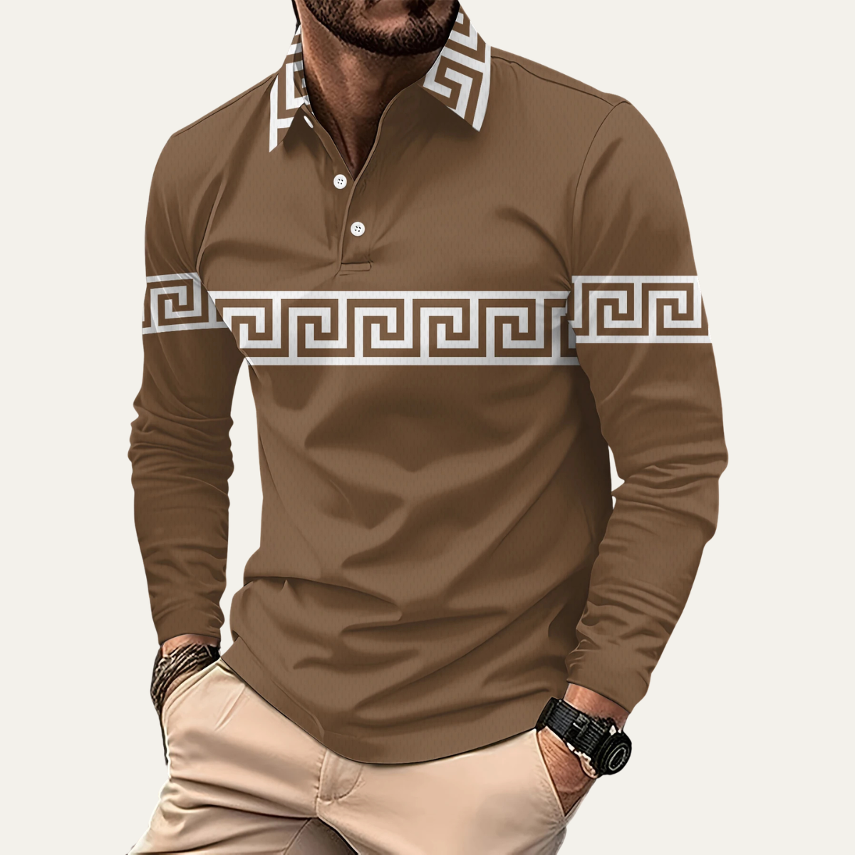 Beau | Men's Casual Polo Shirt Brown Greek Key Print