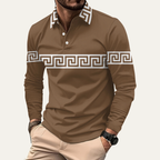Dama Washington Beau men's casual polo shirt brown greek key print - front view