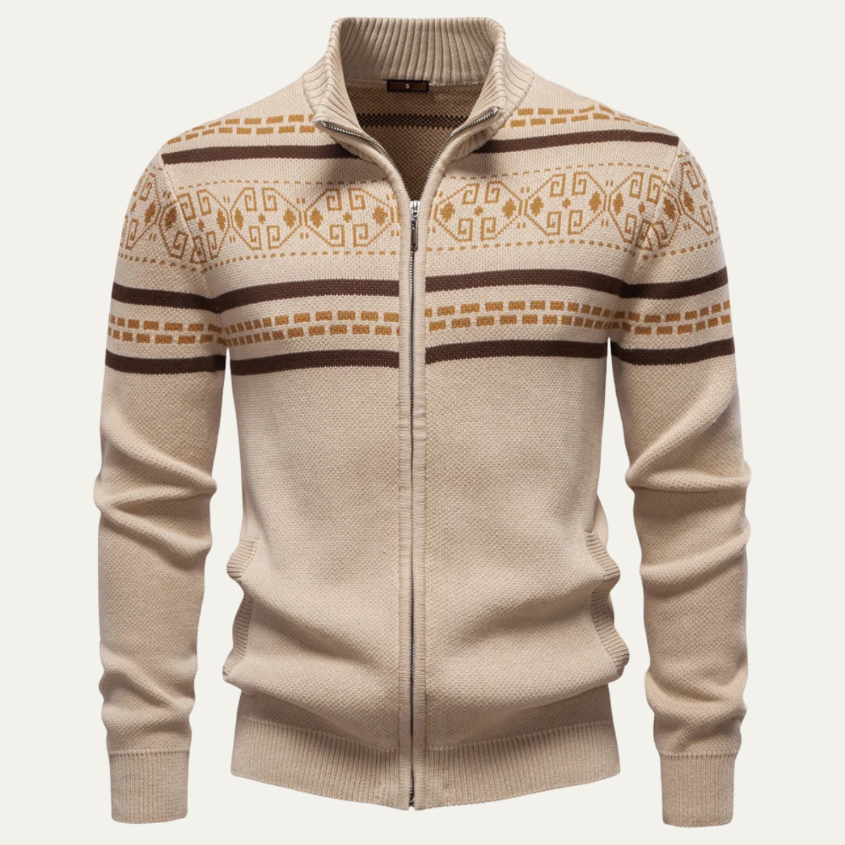 Bram | Men's Zip Up Cardigan Navy Cream Geometric Pattern
