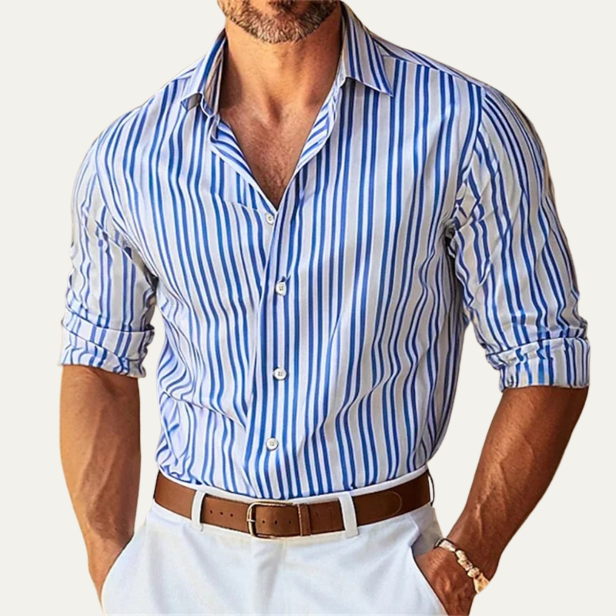 Kai | Men's Striped Button Up Shirt Cream Brown