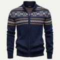 Dama Washington Bram men's zip up cardigan navy cream geometric pattern - front view