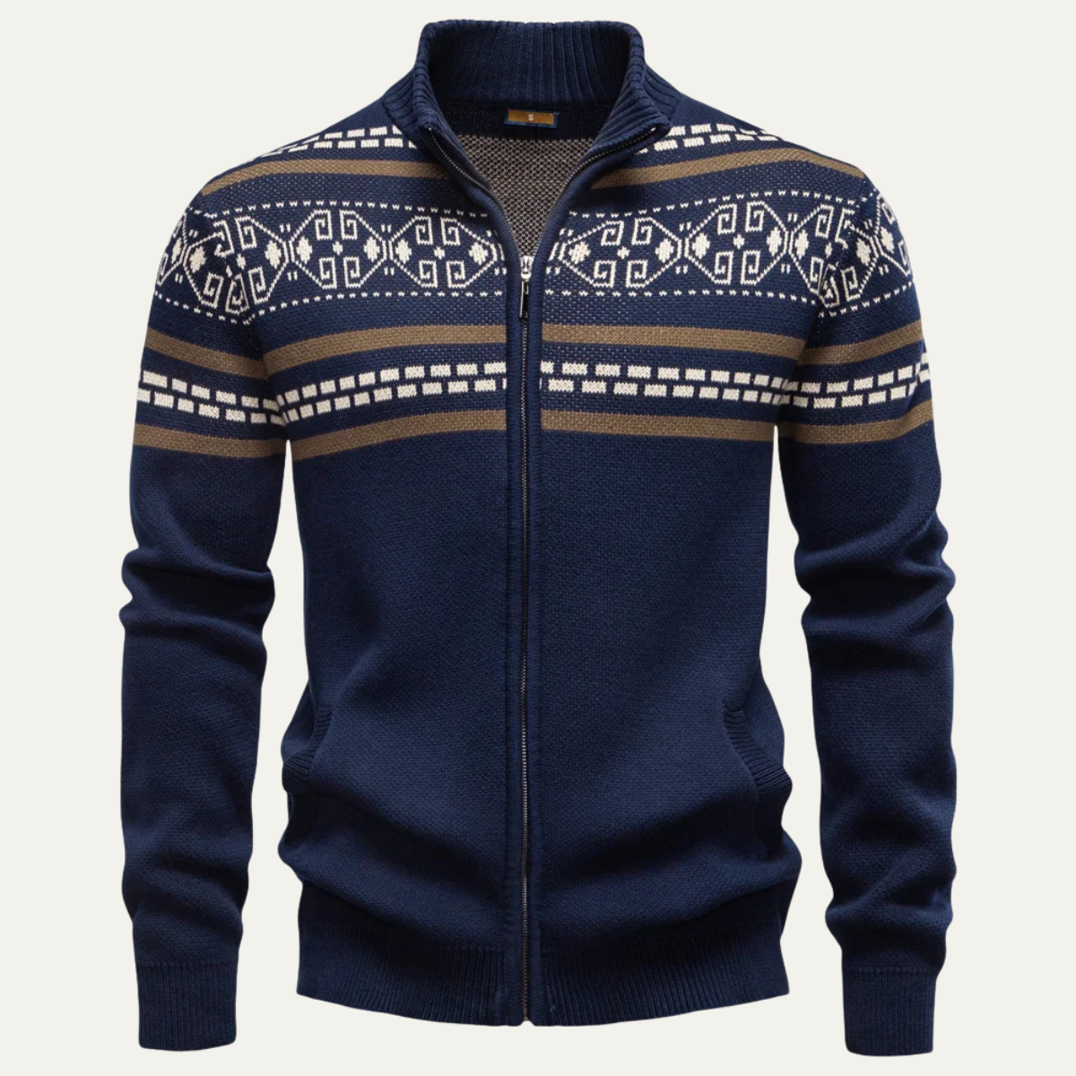 Bram | Men's Zip Up Cardigan Navy Cream Geometric Pattern