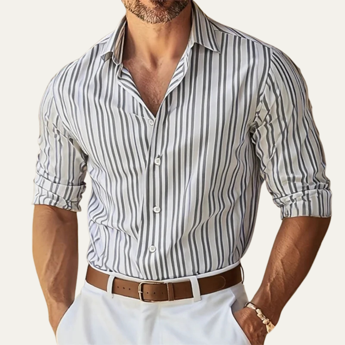 Kai | Men's Striped Button Up Shirt Cream Brown