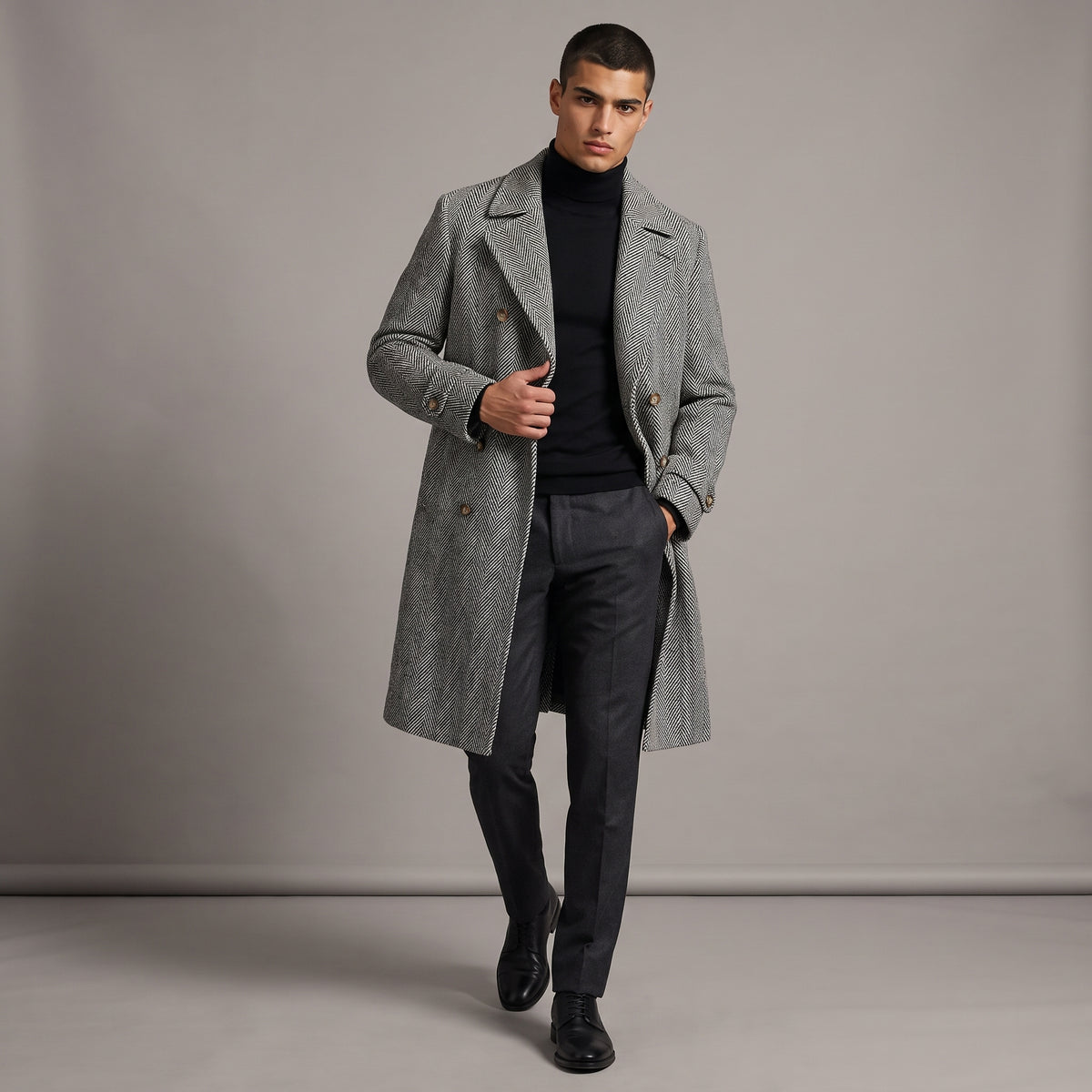 Dama Washington Bram men's herringbone double breasted wool coat gray - model front view