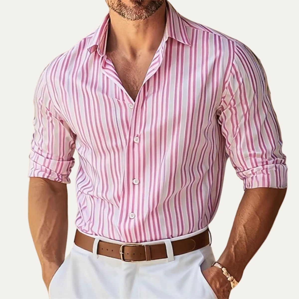 Kai | Men's Striped Button Up Shirt Cream Brown