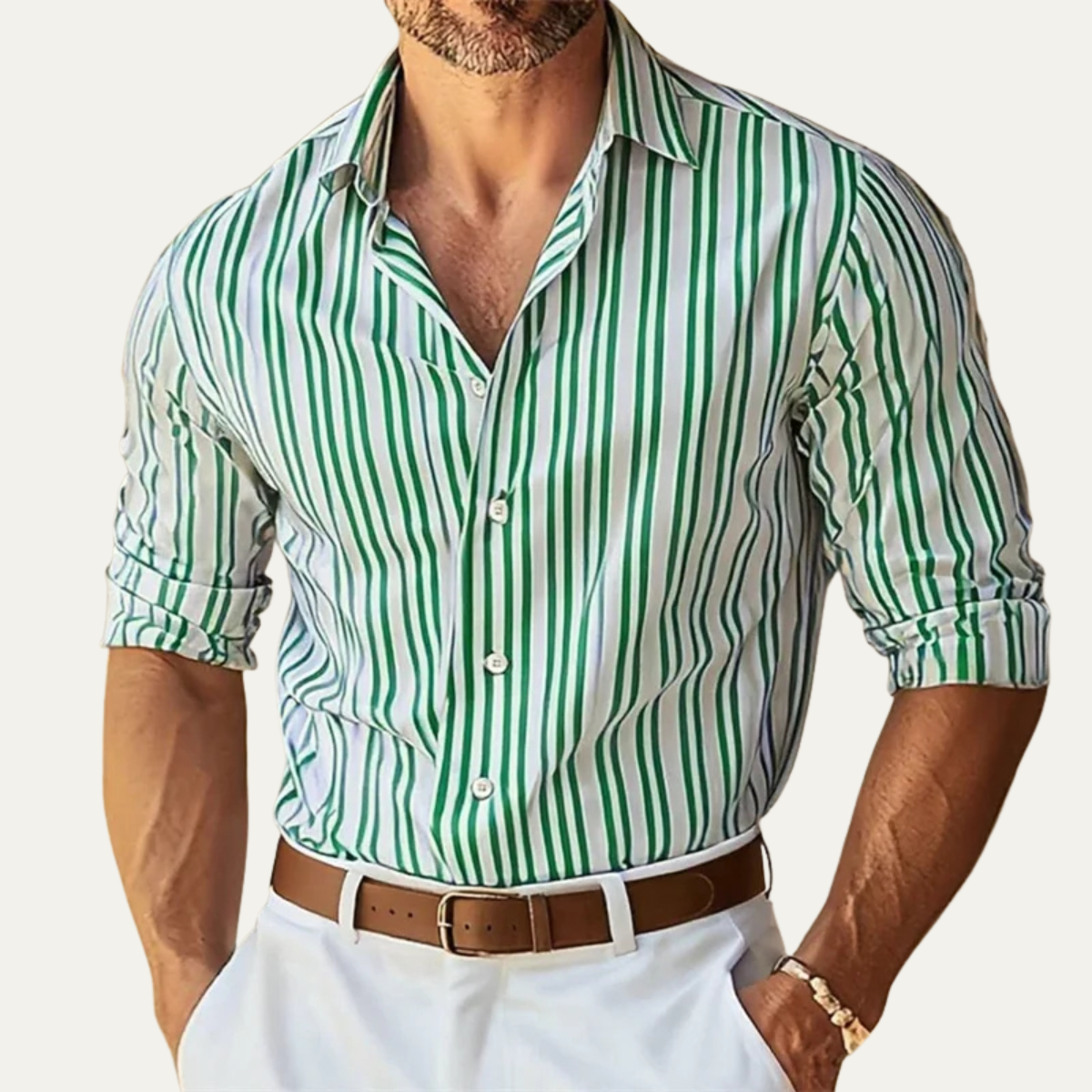 Kai | Men's Striped Button Up Shirt Cream Brown
