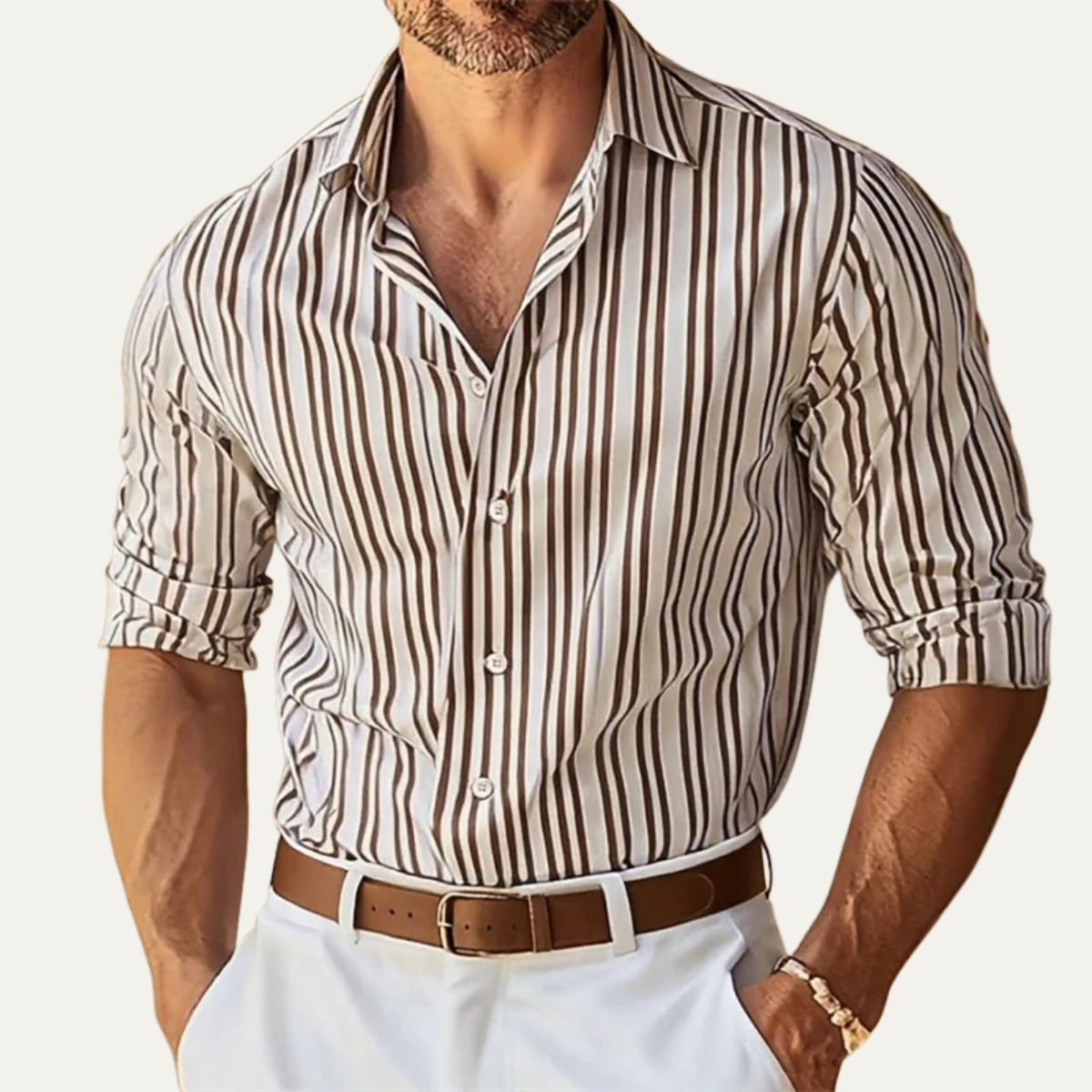 Kai | Men's Striped Button Up Shirt Cream Brown