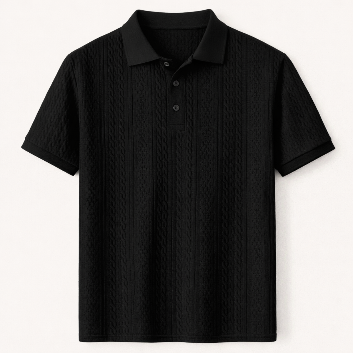 Beau | Men's Cable Knit Polo Shirt Black Short Sleeve
