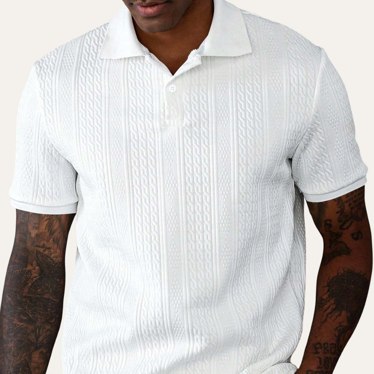 Beau | Men's Polo Shirt Cable Knit Textured White