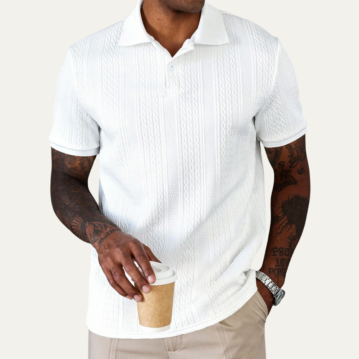 Beau | Men's Polo Shirt Cable Knit Textured White