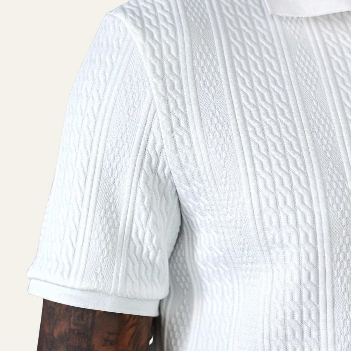 Beau | Men's Polo Shirt Cable Knit Textured White
