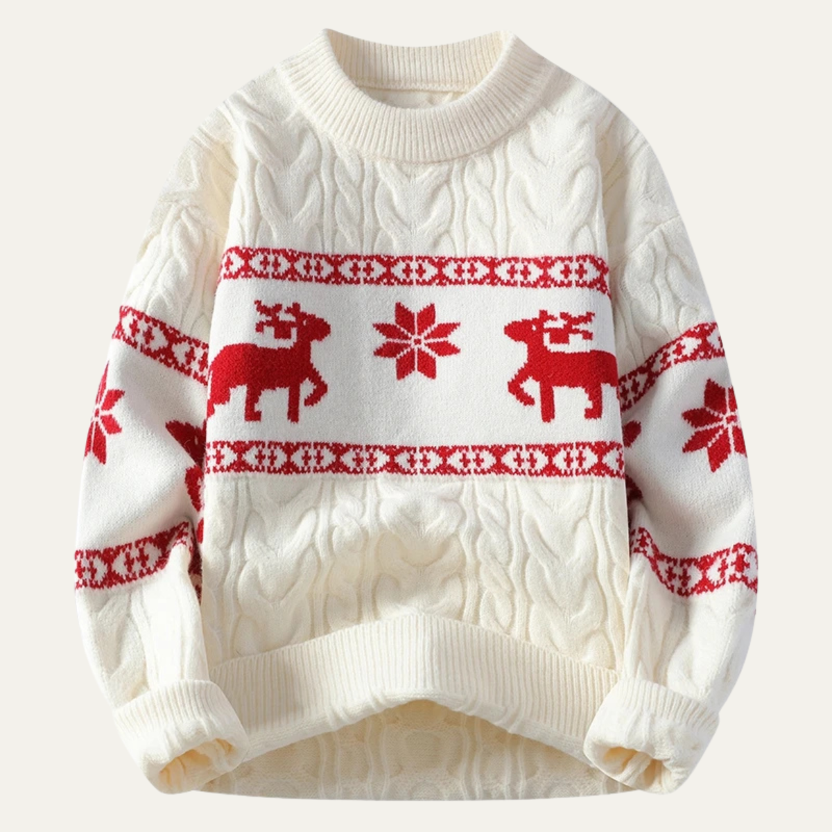 Cruz | Men's Cable Knit Reindeer Sweater Cream Red