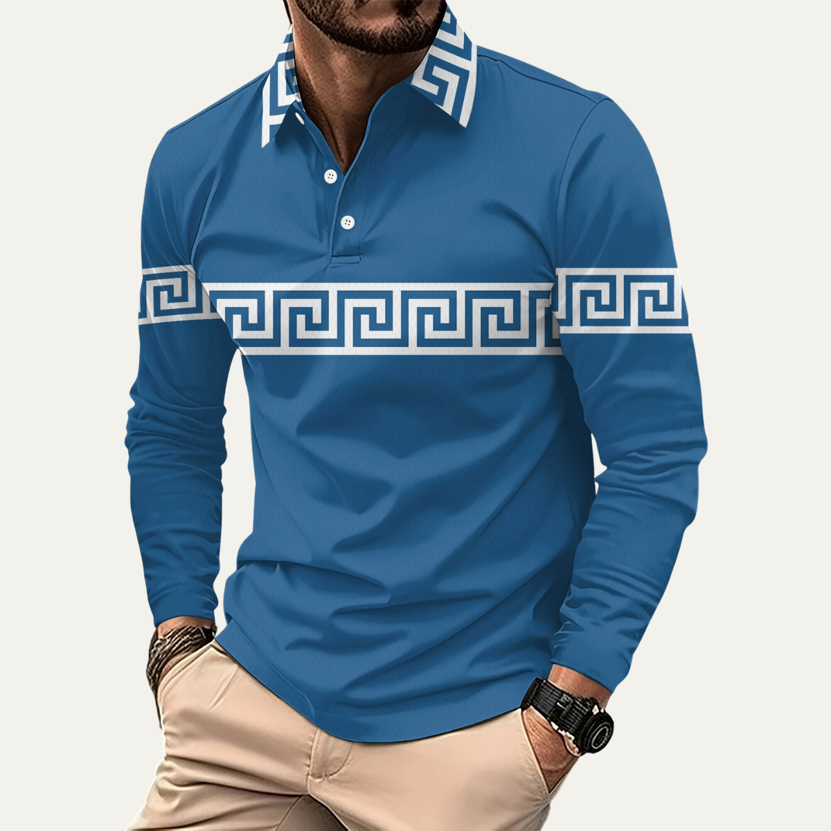 Beau | Men's Casual Polo Shirt Brown Greek Key Print