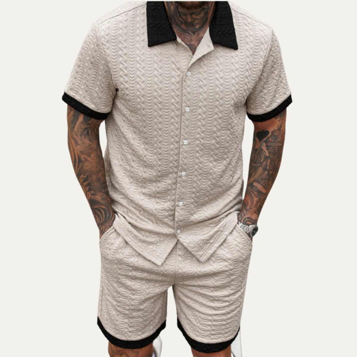 Ives | Men's Cable Knit Button Up Shirt Brown Short Sleeve