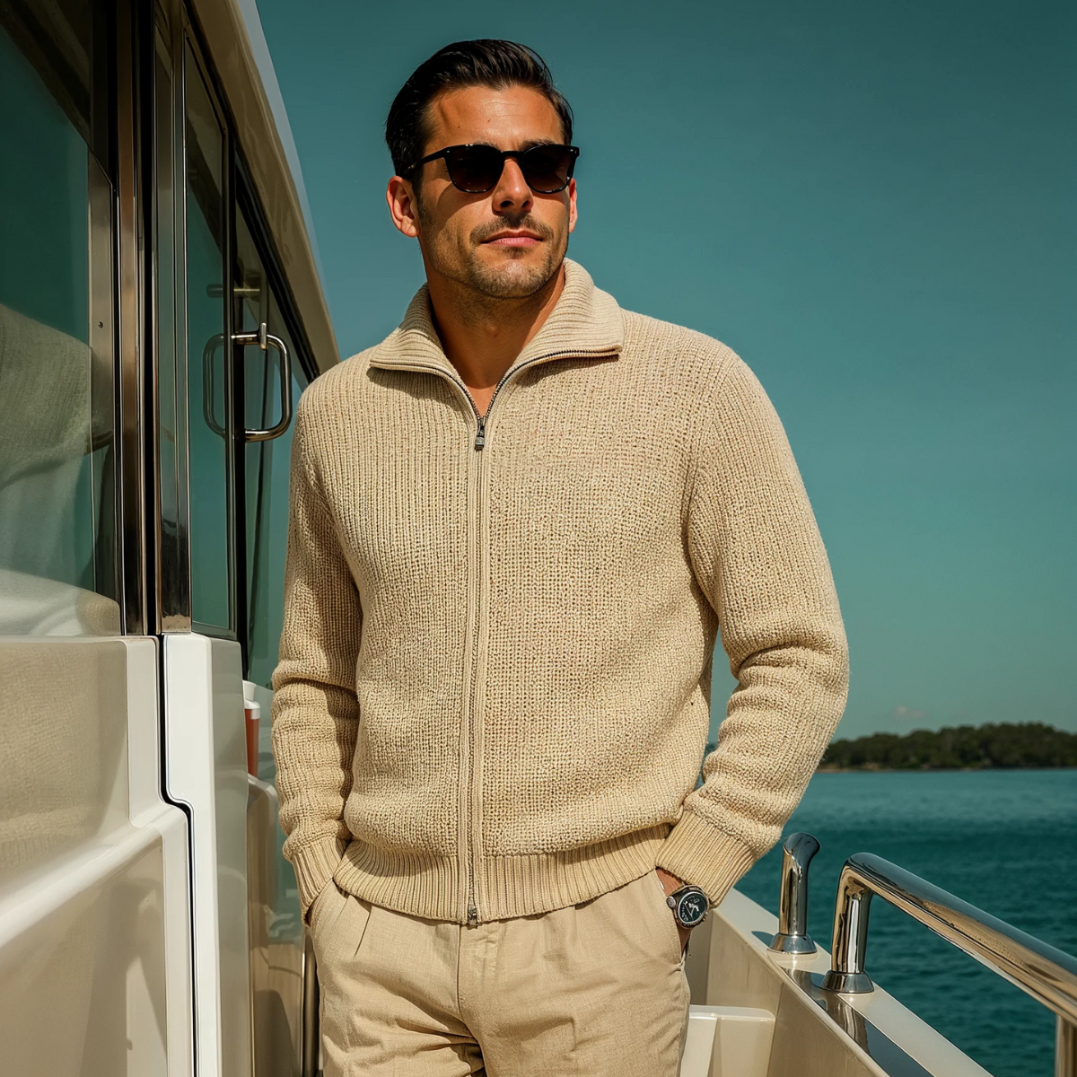Lars | Men's Quarter Zip Cardigan Cream Ribbed Knit
