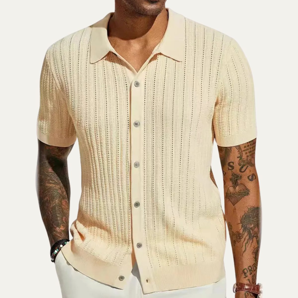 Bram | Men's Cable Knit Button Up Shirt Cream Short Sleeve
