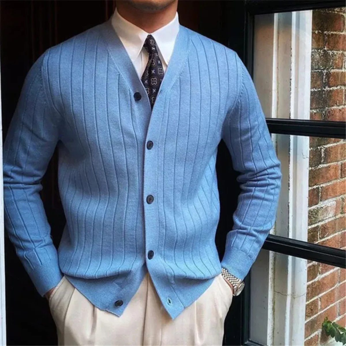 Callum | Men's Pinstripe Cardigan Navy Gold Button