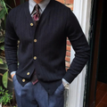 Dama Washington Callum men's pinstripe cardigan navy gold button - front view