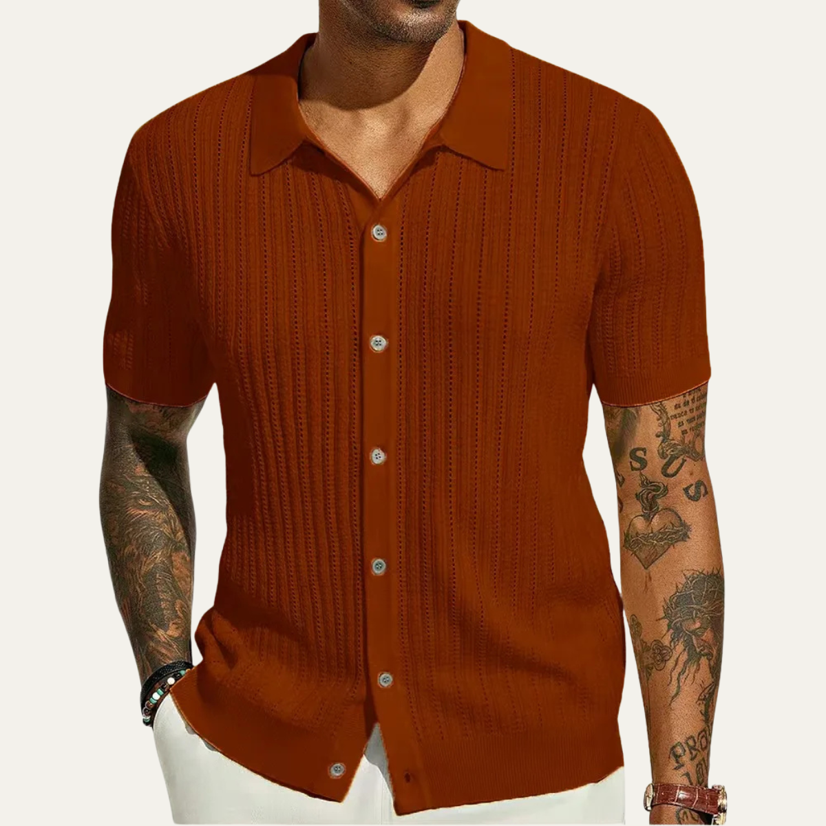Bram | Men's Cable Knit Button Up Shirt Cream Short Sleeve