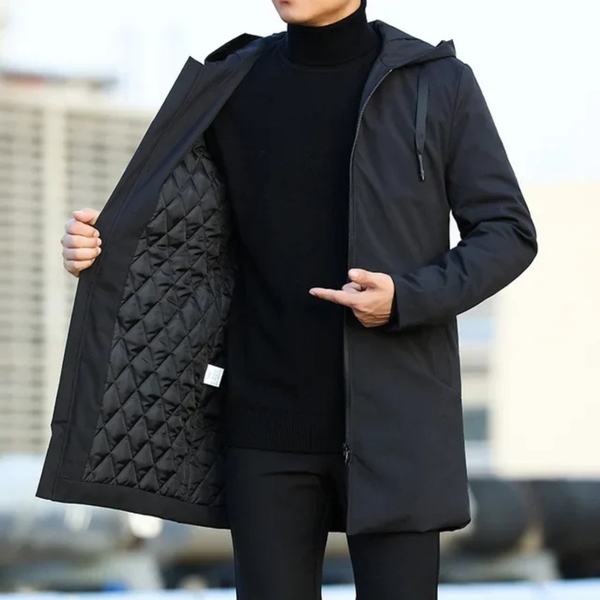 Voss | Men's Long Rain Jacket Black Waterproof Hooded
